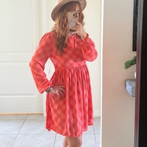 BP Plaid babydoll dress balloon sleeves long sleeves tangerine orange pink NWT - Picture 2 of 11